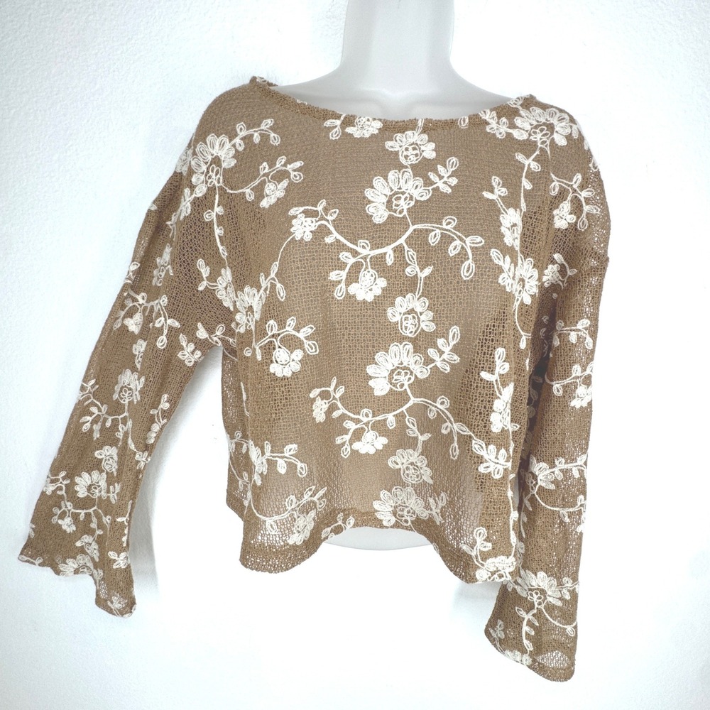 Brown Floral Embroidered Sheer Crochet Mesh Knit Top Medium Indie Granola Boho